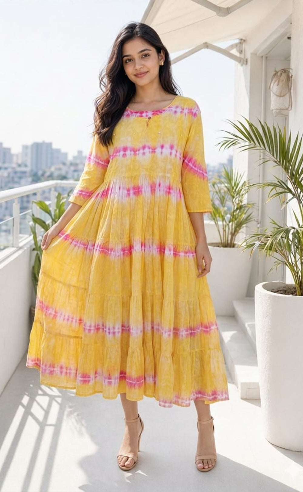 Yellow Cotton Mirror Buti Work Flare Kurti