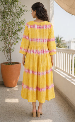 Yellow Cotton Mirror Buti Work Flare Kurti