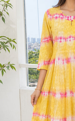 Yellow Cotton Mirror Buti Work Flare Kurti