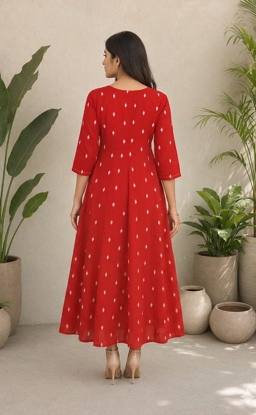 Tomato Red Cotton All-Over Ikkat Printed Flare Kurti