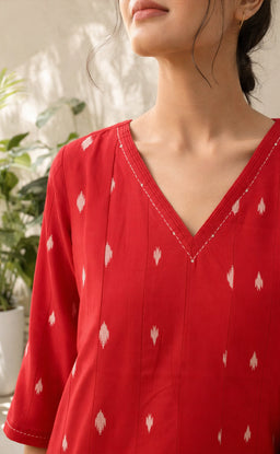 Tomato Red Cotton All-Over Ikkat Printed Flare Kurti