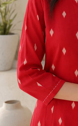 Tomato Red Cotton All-Over Ikkat Printed Flare Kurti
