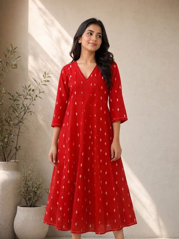 Tomato Red Cotton All-Over Ikkat Printed Flare Kurti