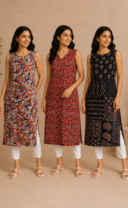 Cotton Straight Kurtis Combo – Pack of 3 with Free Cotton Sling Bag