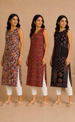 Cotton Straight Kurtis Combo – Pack of 3 with Free Cotton Sling Bag