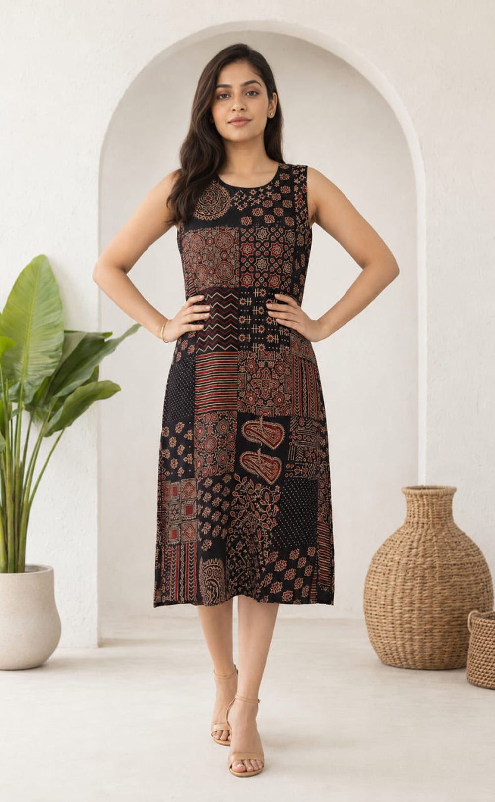 Black Cotton All-Over Kalamkari Printed Long Straight Kurti 3 piece Combo With Sling Bag