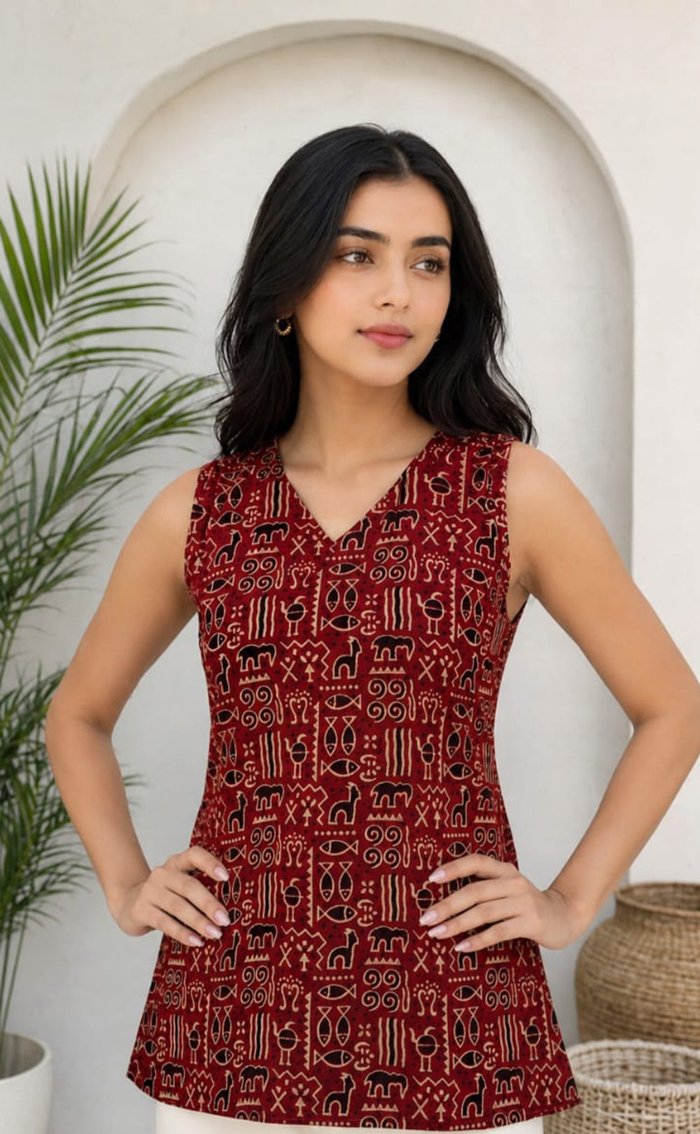 Marron Cotton All-Over Kalamkari Printed Short Kurti 3-Piece Combo With Sling Bag
