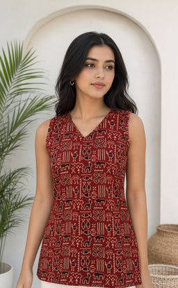 Marron Cotton All-Over Kalamkari Printed Short Kurti 3-Piece Combo With Sling Bag