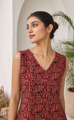 Marron Cotton All-Over Kalamkari Printed Short Kurti 3-Piece Combo With Sling Bag