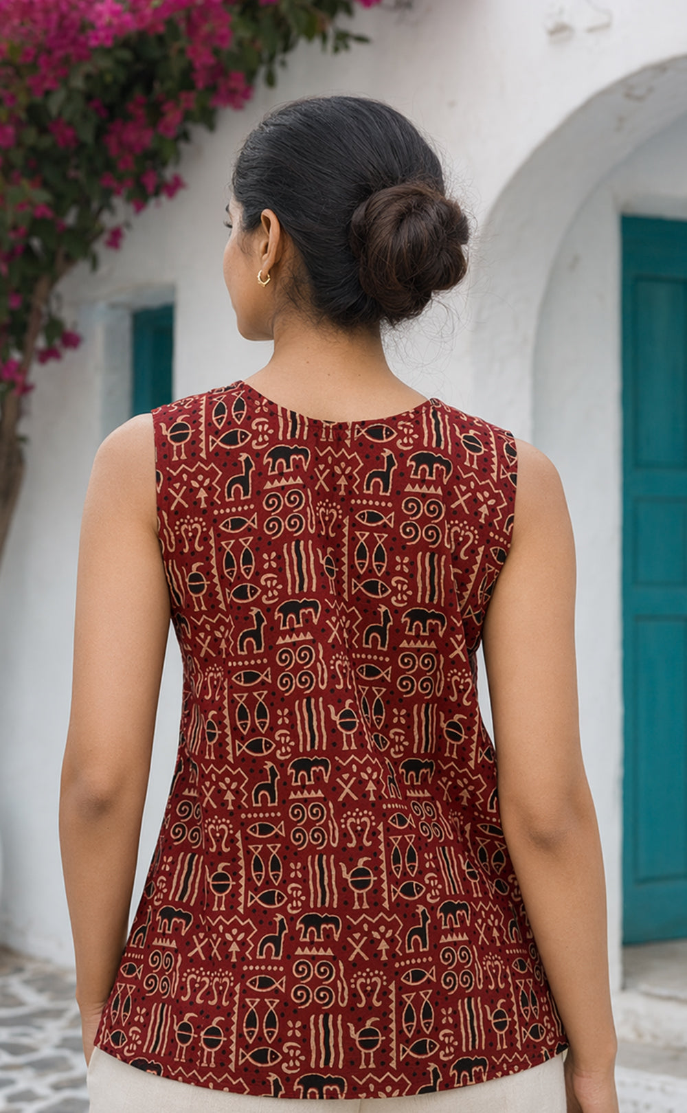 Marron Cotton All-Over Kalamkari Printed Short Kurti 3-Piece Combo With Sling Bag