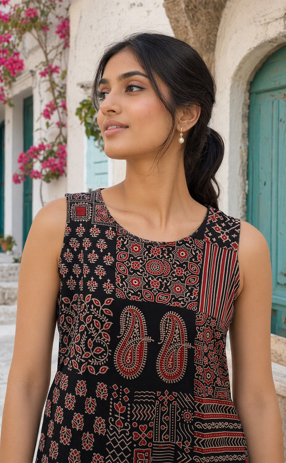Black Cotton All-Over Kalamkari Printed Short Kurti 3-Piece Combo With Sling Bag