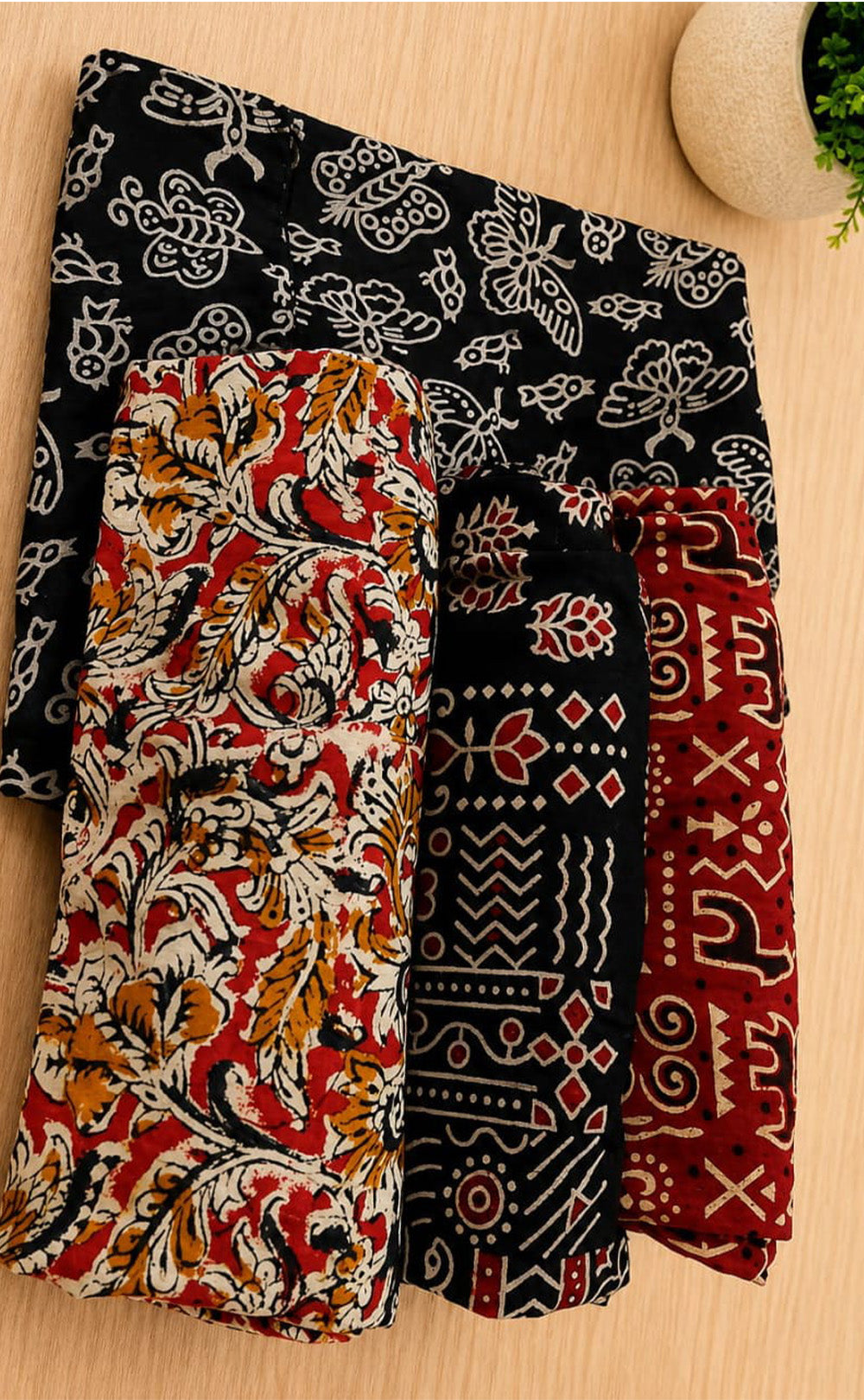 Marron Cotton All-Over Kalamkari Printed Short Kurti 3-Piece Combo With Sling Bag