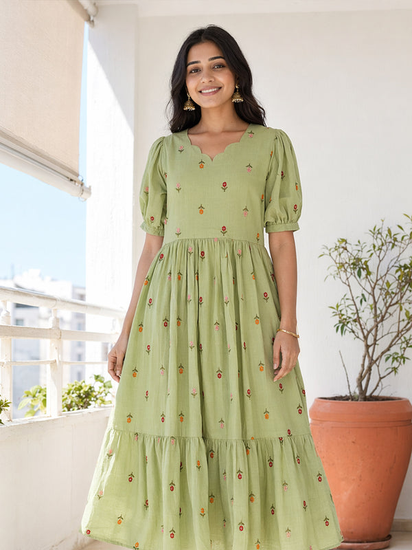 Mint Green Mul Chanderi All-Over Thread Flowers Work Kurti Gown