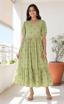 Mint Green Mul Chanderi All-Over Thread Flowers Work Kurti Gown