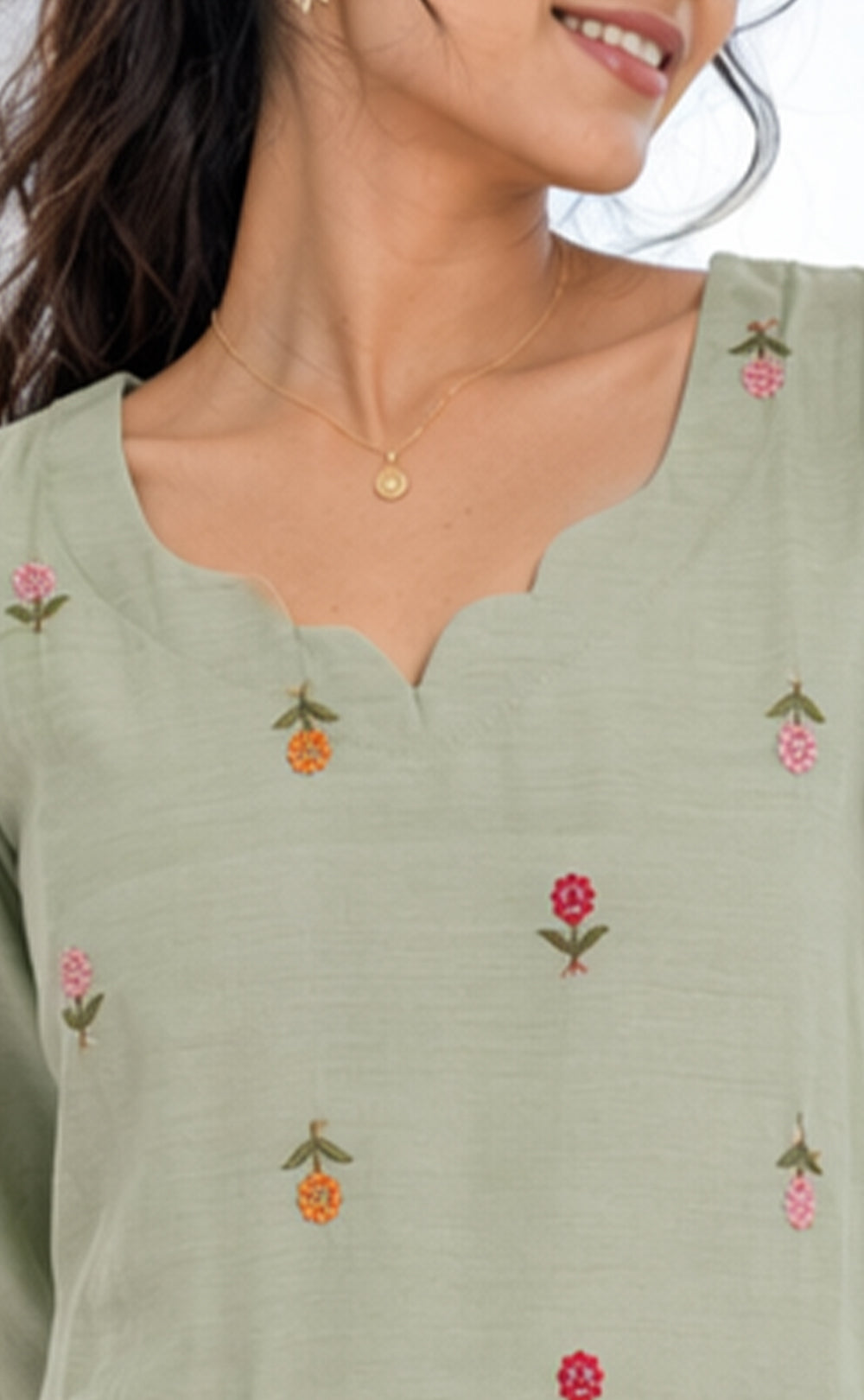 Mint Green Mul Chanderi All-Over Thread Flowers Work Kurti Gown