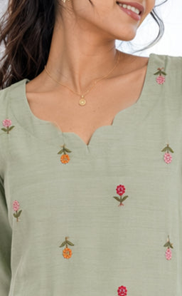 Mint Green Mul Chanderi All-Over Thread Flowers Work Kurti Gown