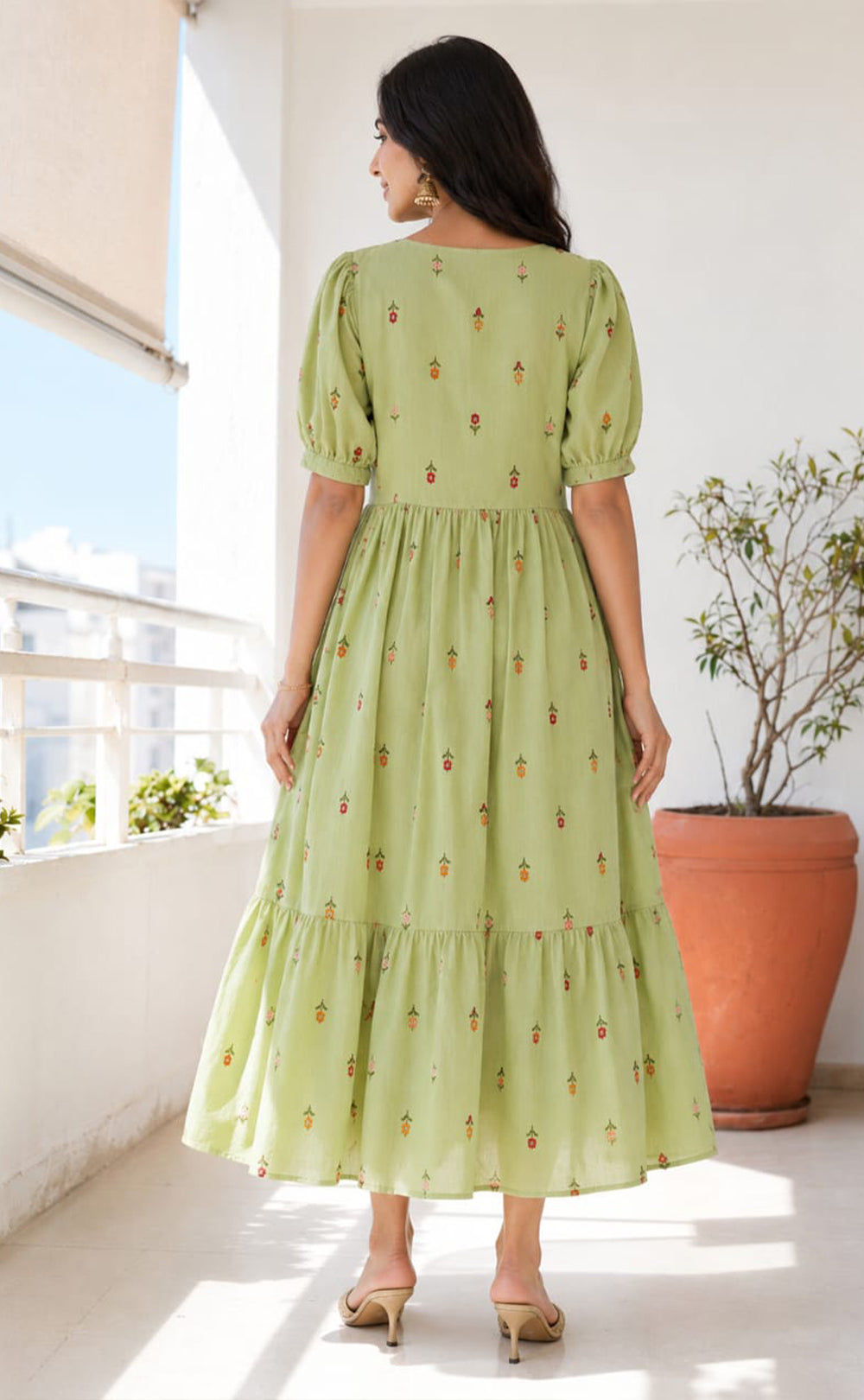 Mint Green Mul Chanderi All-Over Thread Flowers Work Kurti Gown