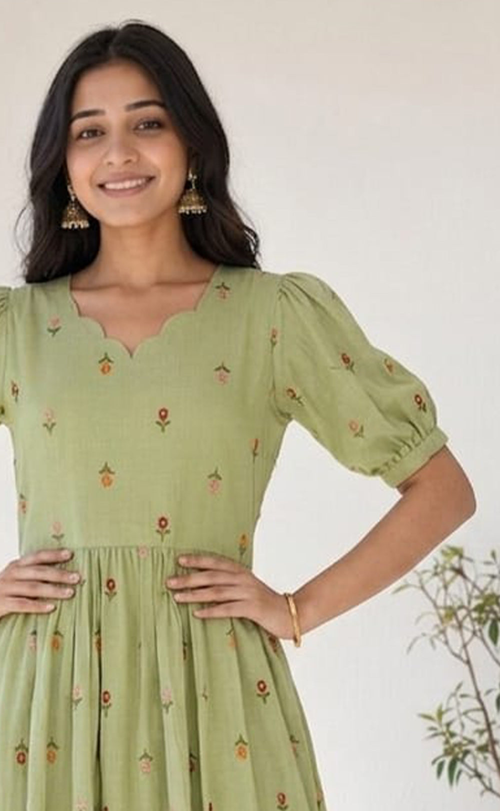 Mint Green Mul Chanderi All-Over Thread Flowers Work Kurti Gown