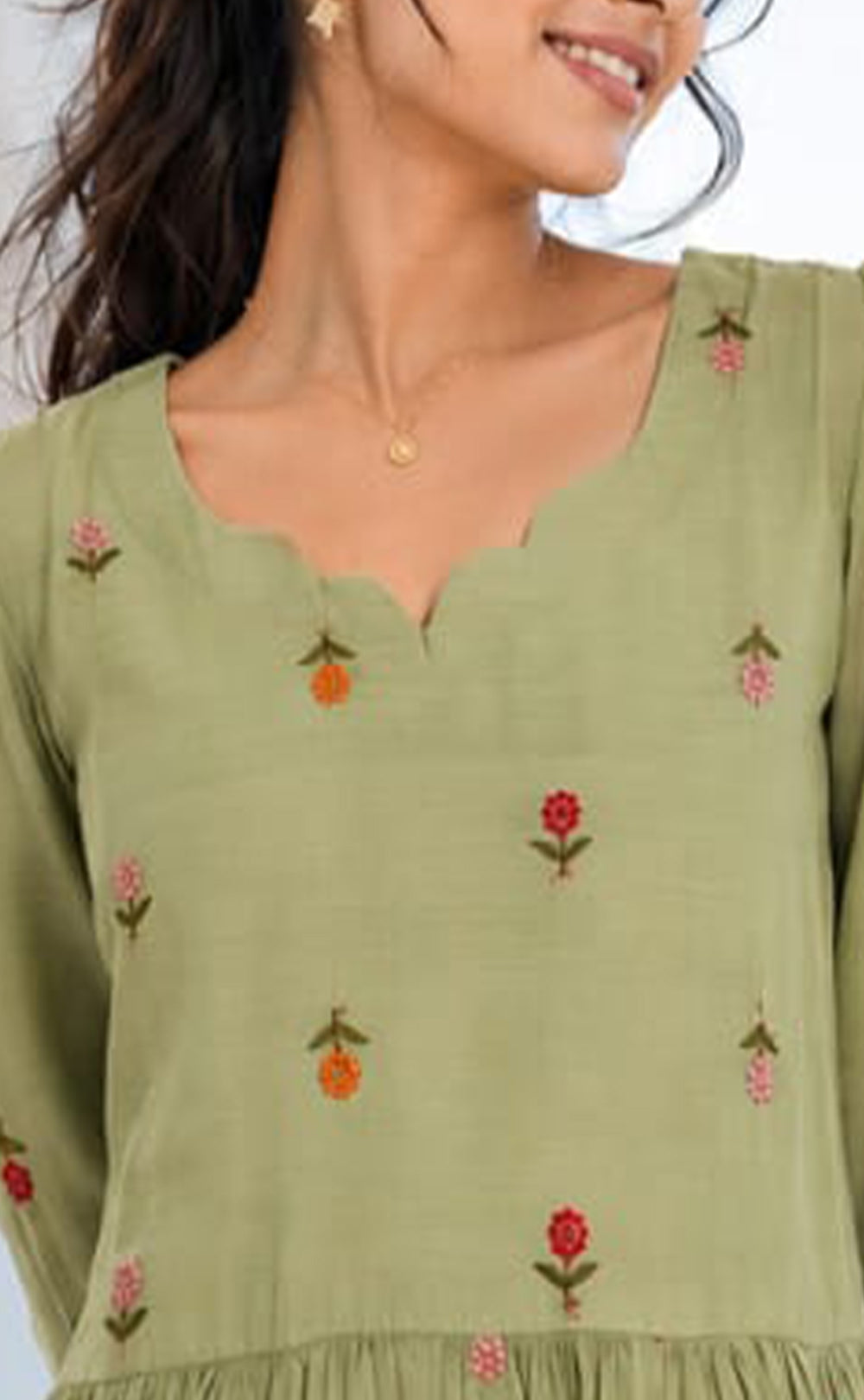 Mint Green Mul Chanderi All-Over Thread Flowers Work Kurti Gown