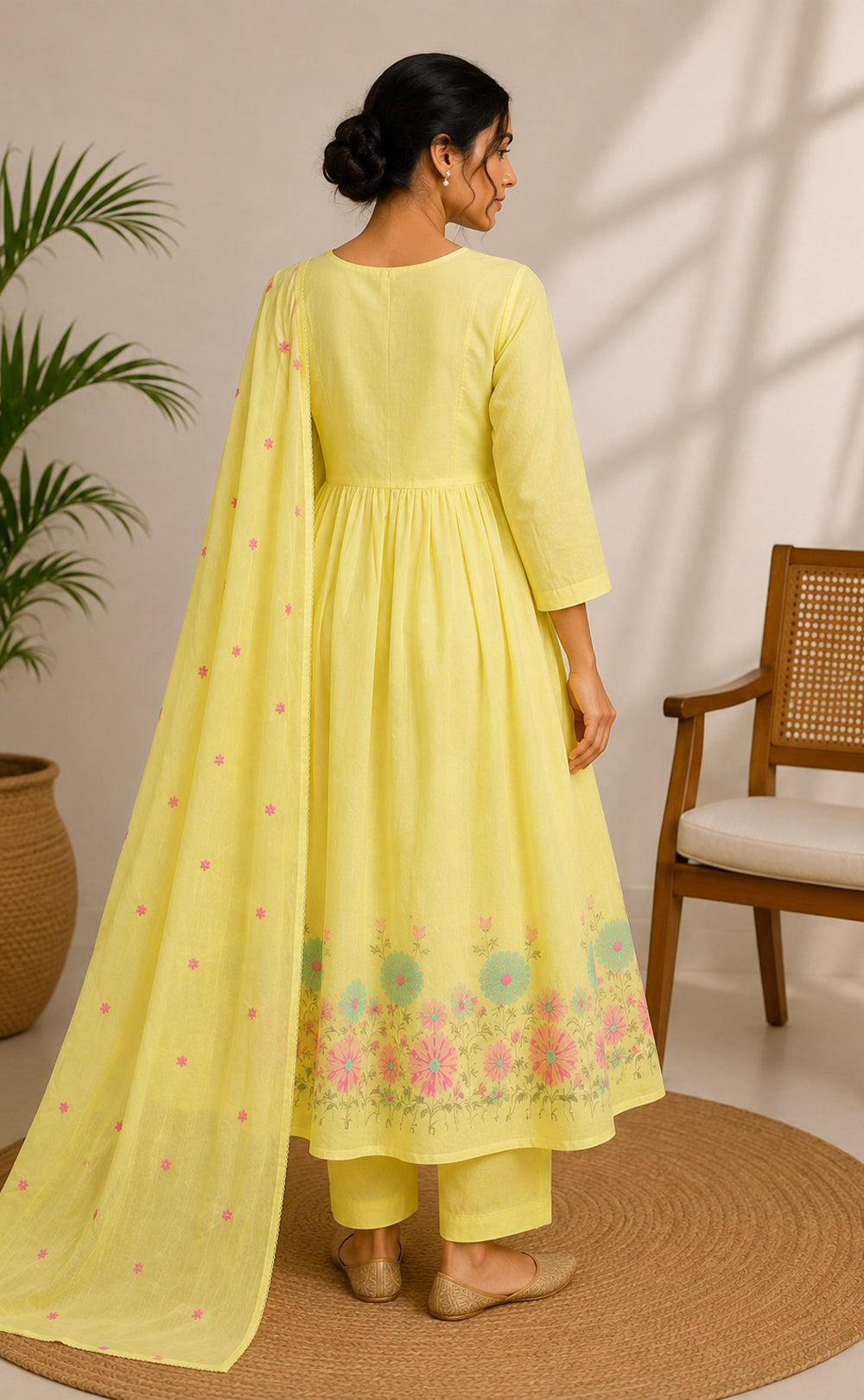 Yellow Cotton Thread Embroidery Kurti Set