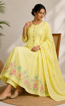 Yellow Cotton Thread Embroidery Kurti Set