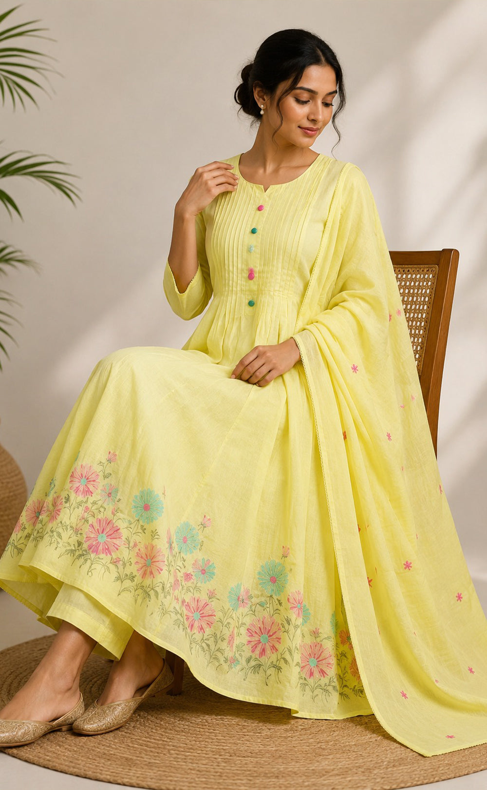 Yellow Cotton Thread Embroidery Kurti Set