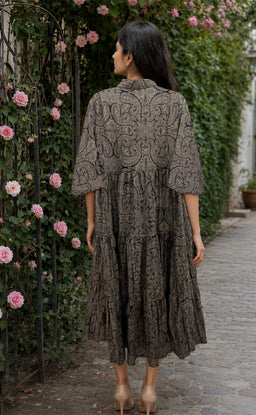 Black Cotton All-Over Floral Printed Kurti Gown
