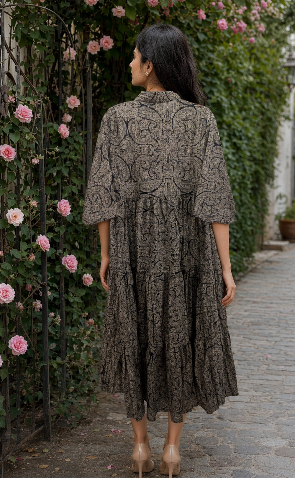 Black Cotton All-Over Floral Printed Kurti Gown