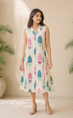 Half White Cotton All-Over Ikkat Printed Co-ord Set