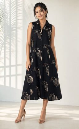 Black Cotton All-Over Bird Printed Flare Kurti