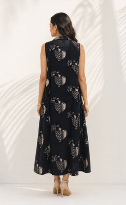 Black Cotton All-Over Bird Printed Flare Kurti