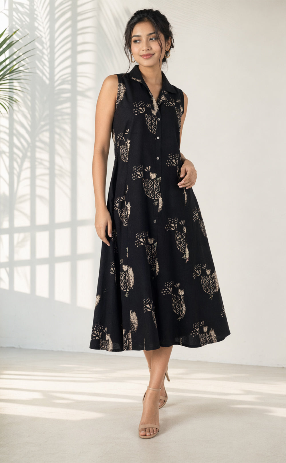 Black Cotton All-Over Bird Printed Flare Kurti