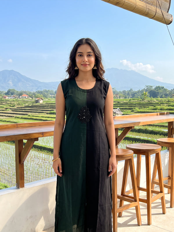 Forest Green And Black Georgette Straight Kurti