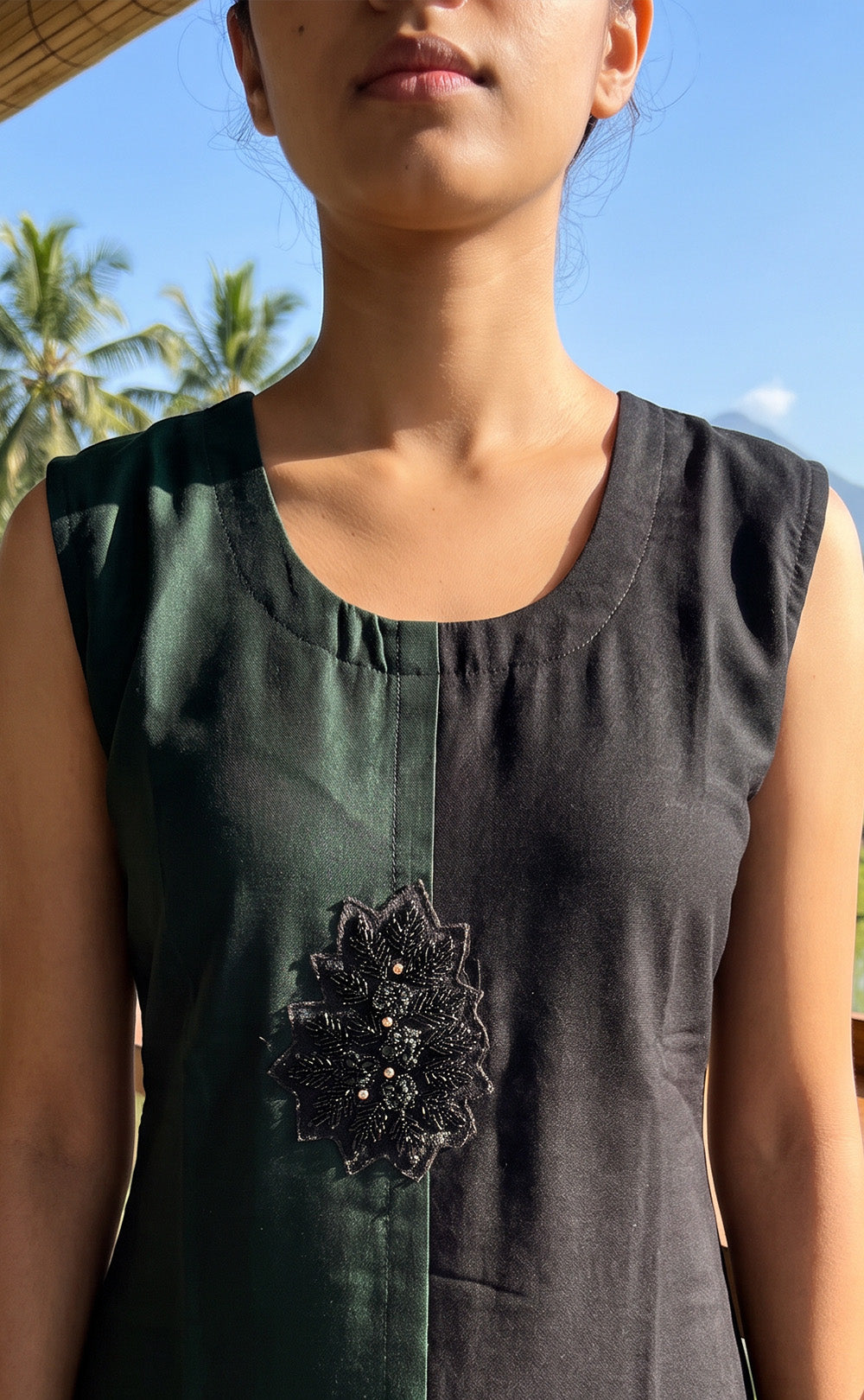 Dark Green And Black Georgette Straight Kurti