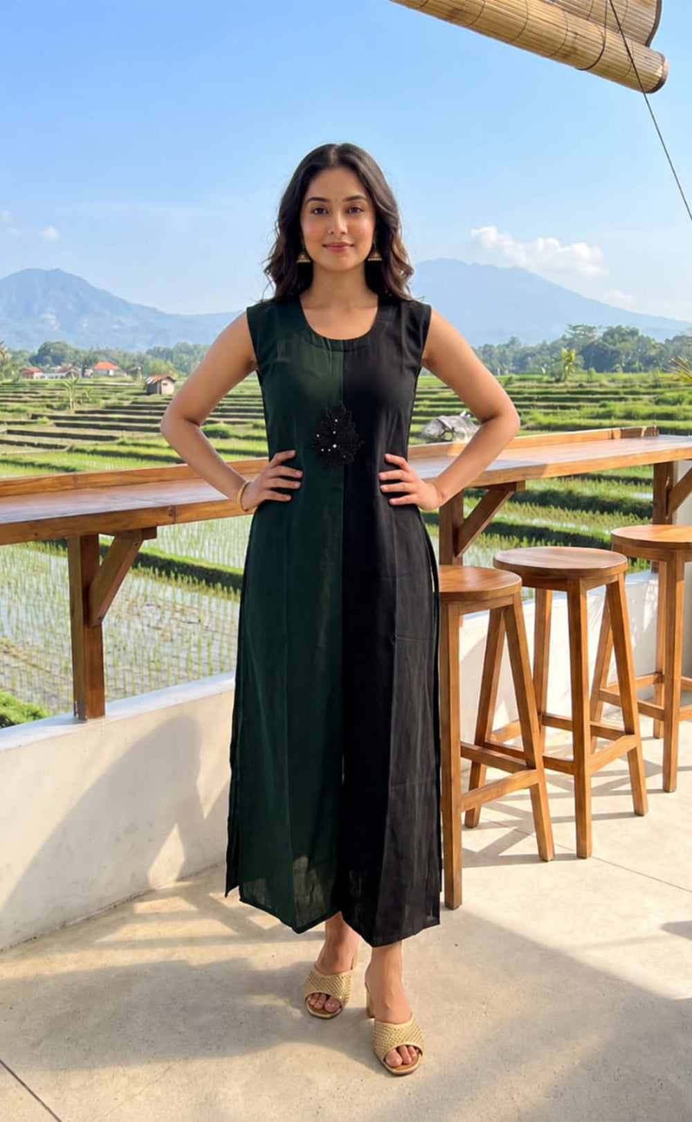 Dark Green And Black Georgette Straight Kurti