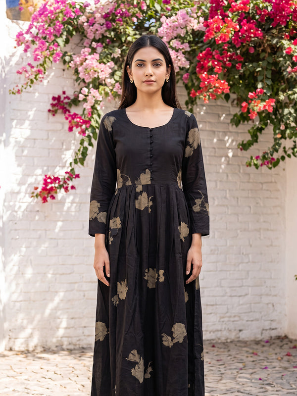 Black Rayon Abstract Brush Stroke Printed Flare Kurti