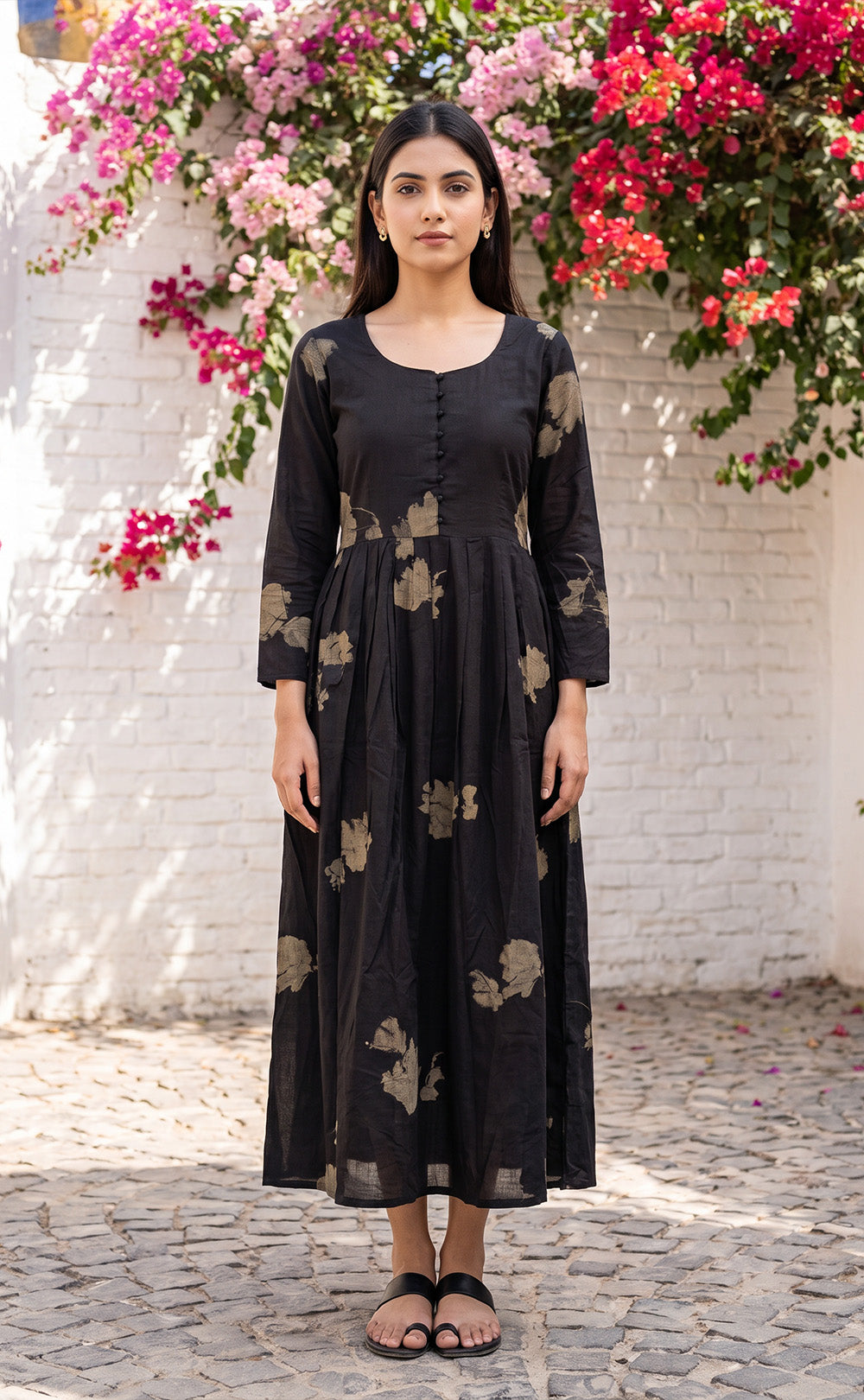 Black Rayon Abstract Brush Stroke Printed Flare Kurti