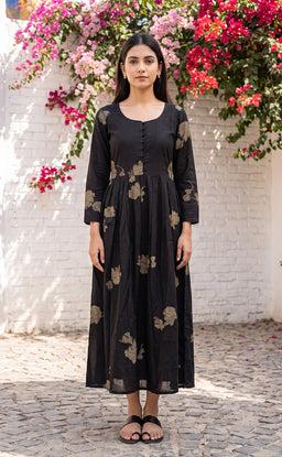 Black Rayon Abstract Brush Stroke Printed Flare Kurti