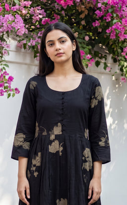 Black Rayon Abstract Brush Stroke Printed Flare Kurti