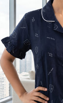 Indigo Blue All-Over Teddy Bear Face Printed Night Suit