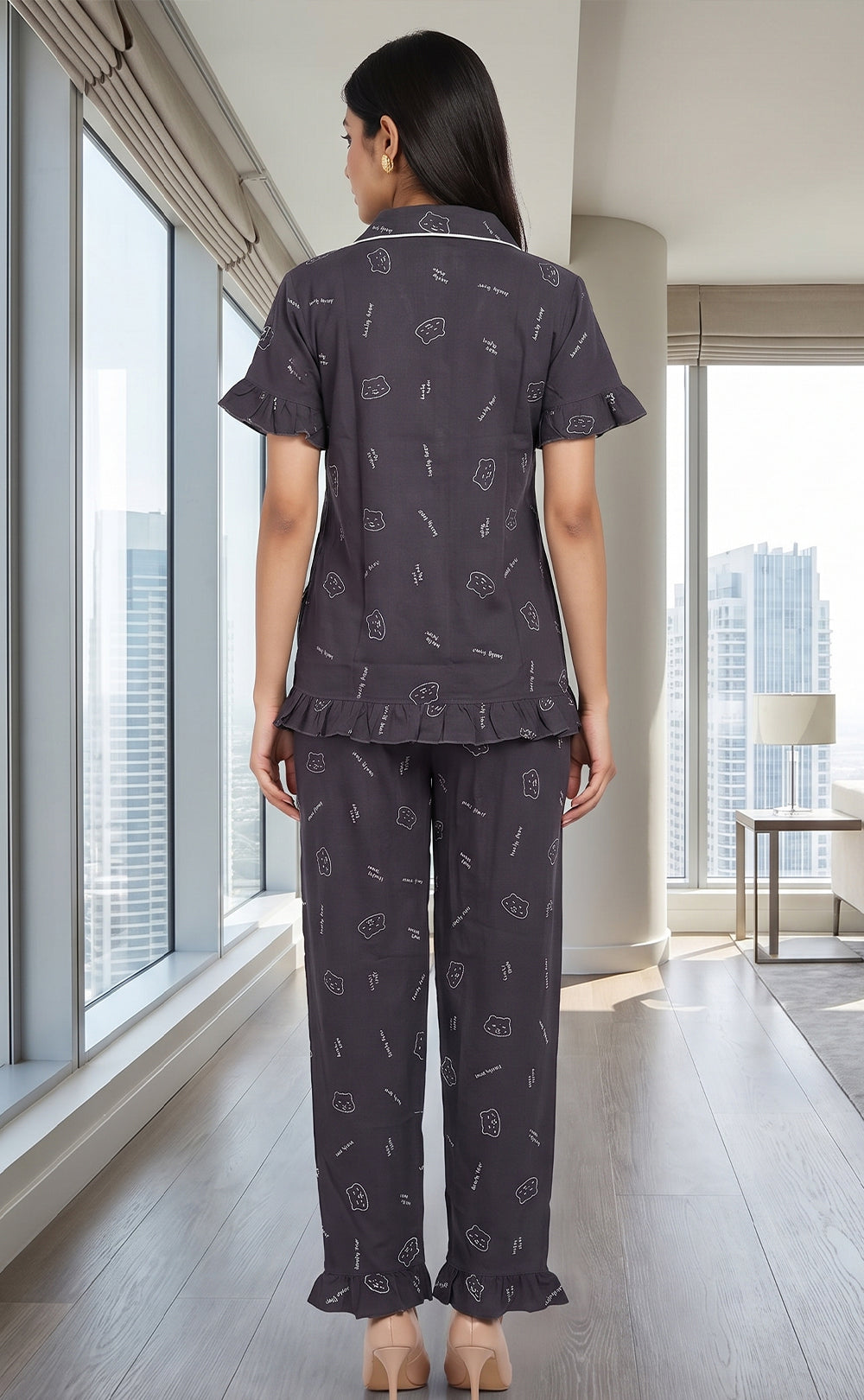Indigo Blue All-Over Teddy Bear Face Printed Night Suit
