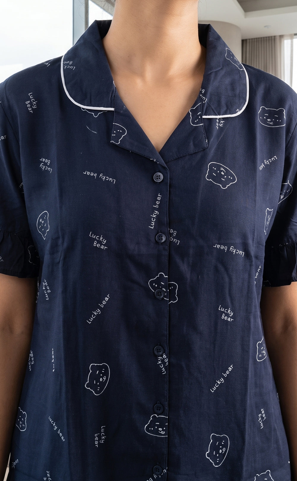 Indigo Blue All-Over Teddy Bear Face Printed Night Suit