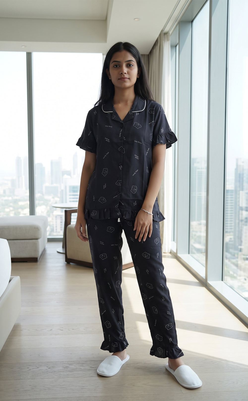 Indigo Blue All-Over Teddy Bear Face Printed Night Suit