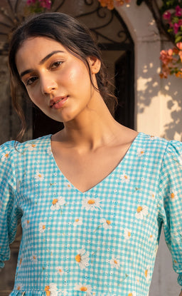 Sky Blue Mul Cotton All-Over Schiffli And Checks Printed Flare Kurti