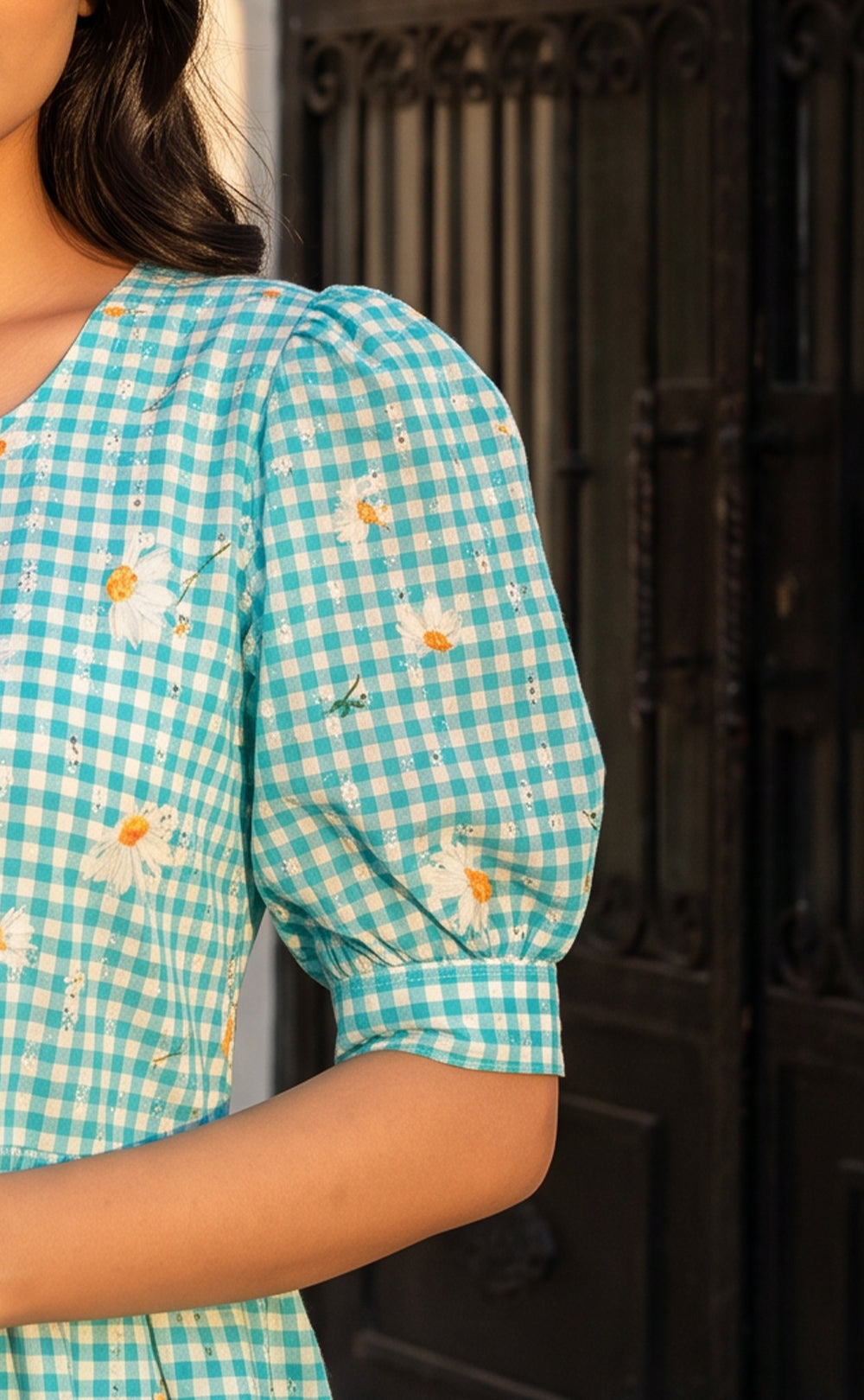 Sky Blue Mul Cotton All-Over Schiffli And Checks Printed Flare Kurti