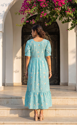 Sky Blue Mul Cotton All-Over Schiffli And Checks Printed Flare Kurti