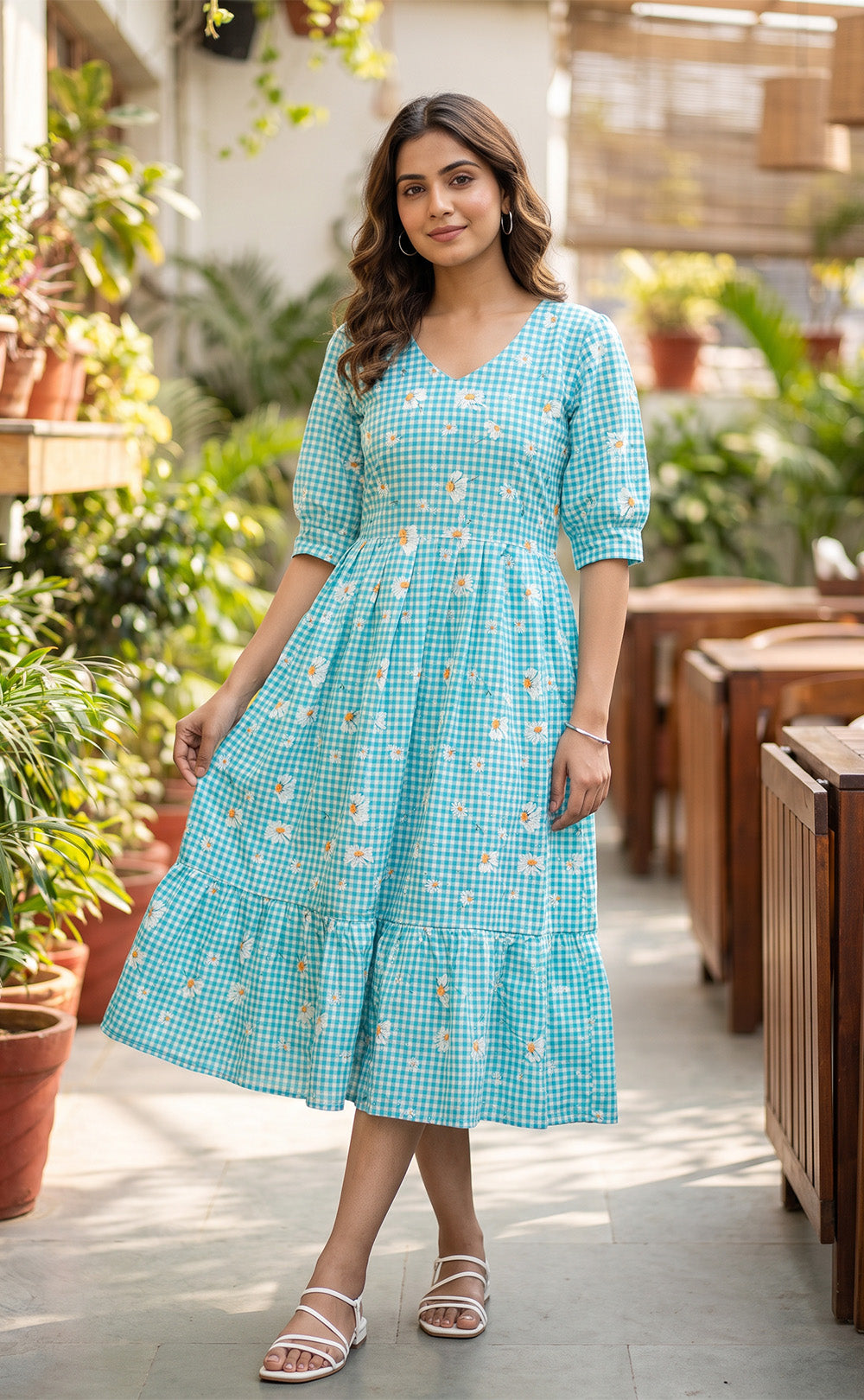 Sky Blue Mul Cotton All-Over Schiffli And Checks Printed Flare Kurti