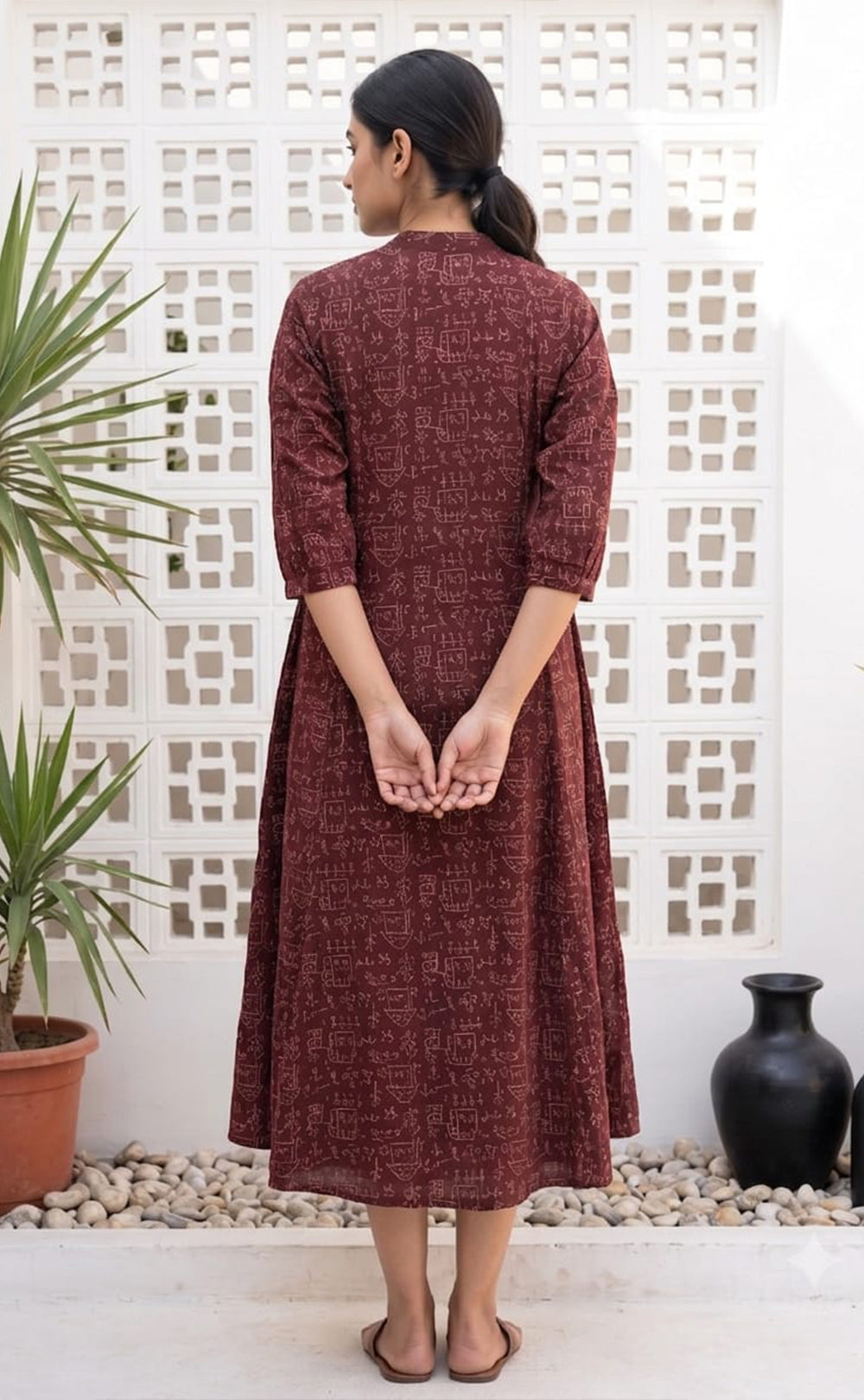 Dark Maroon Cotton All-Over Ethnic Printed Flare Kurti