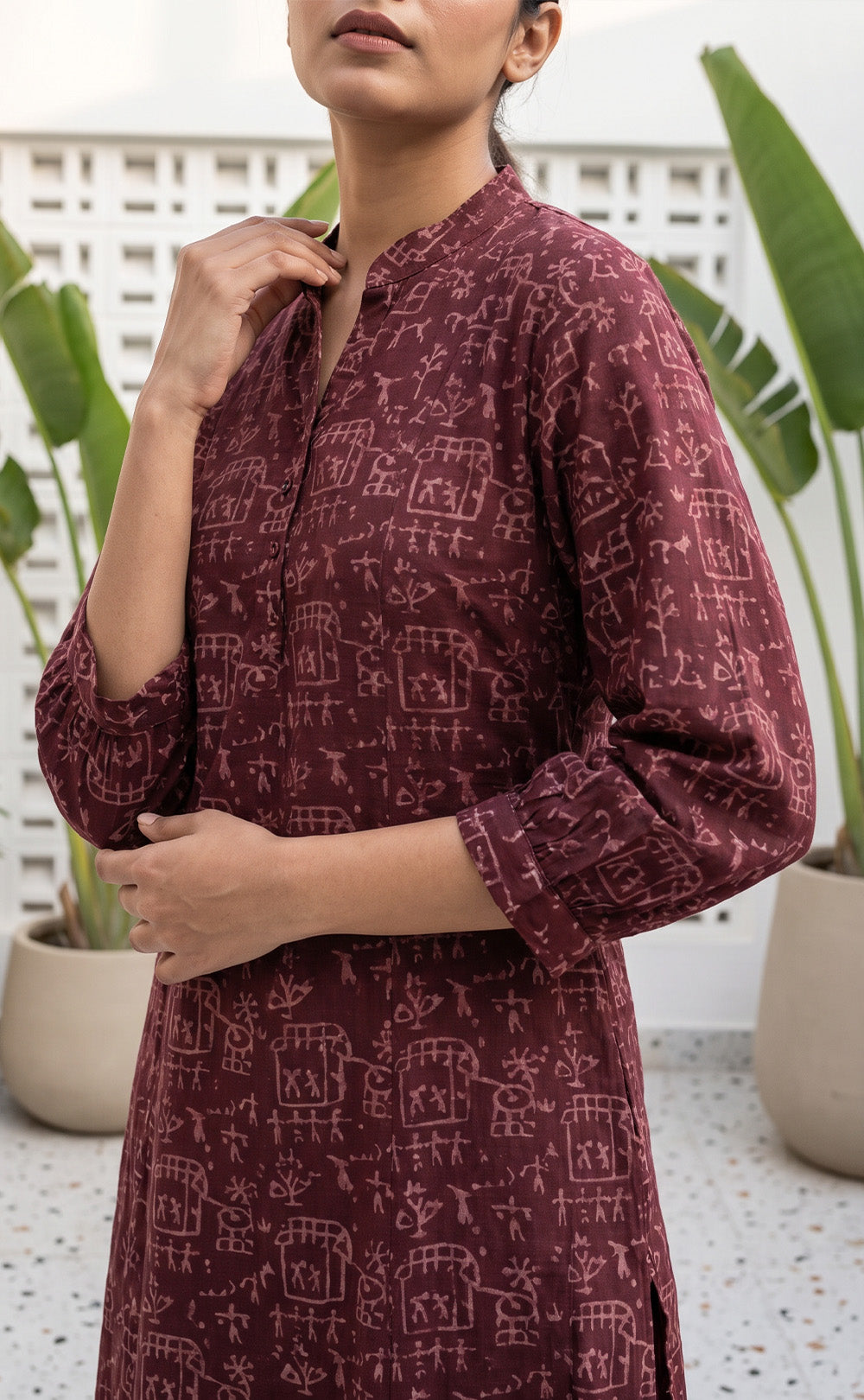 Dark Maroon Cotton All-Over Ethnic Printed Flare Kurti
