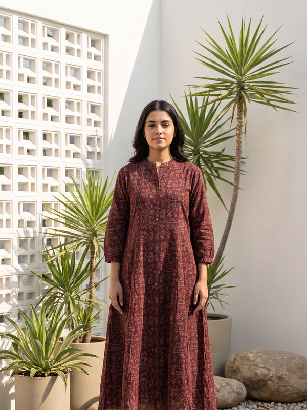 Dark Maroon Cotton All-Over Ethnic Printed Flare Kurti